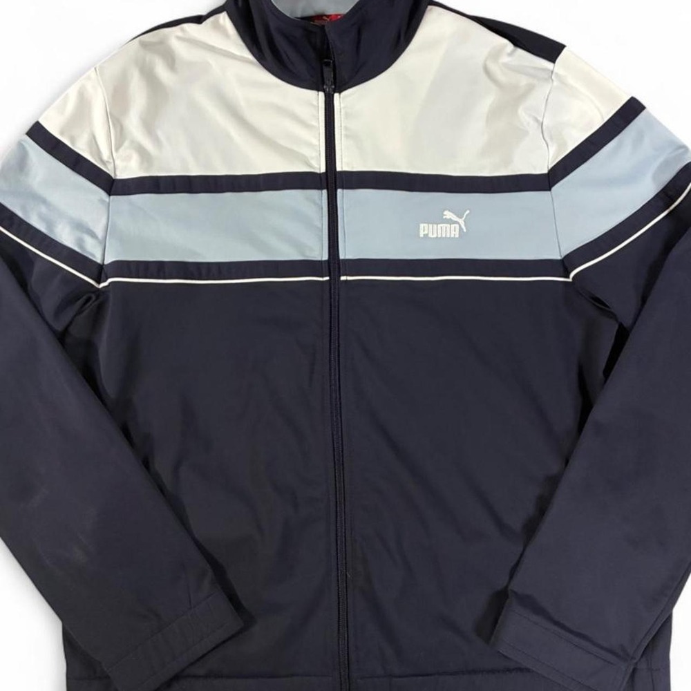 NWOT Puma navy blue, white, and light gray color-blocked track jacket